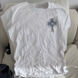 White Graphic Tee with Small Chest Emblem